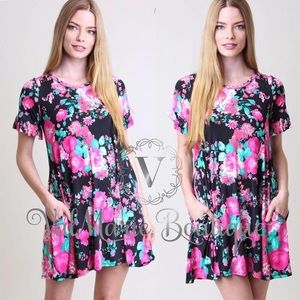 NEW Stretchy Floral Black with Pink Flower L